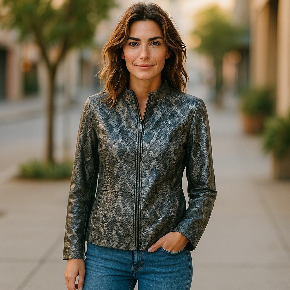 Chico's Womens Jacket Size‎ 1 M 8 Metallic Snakeskin Print Zip Front Gold Black